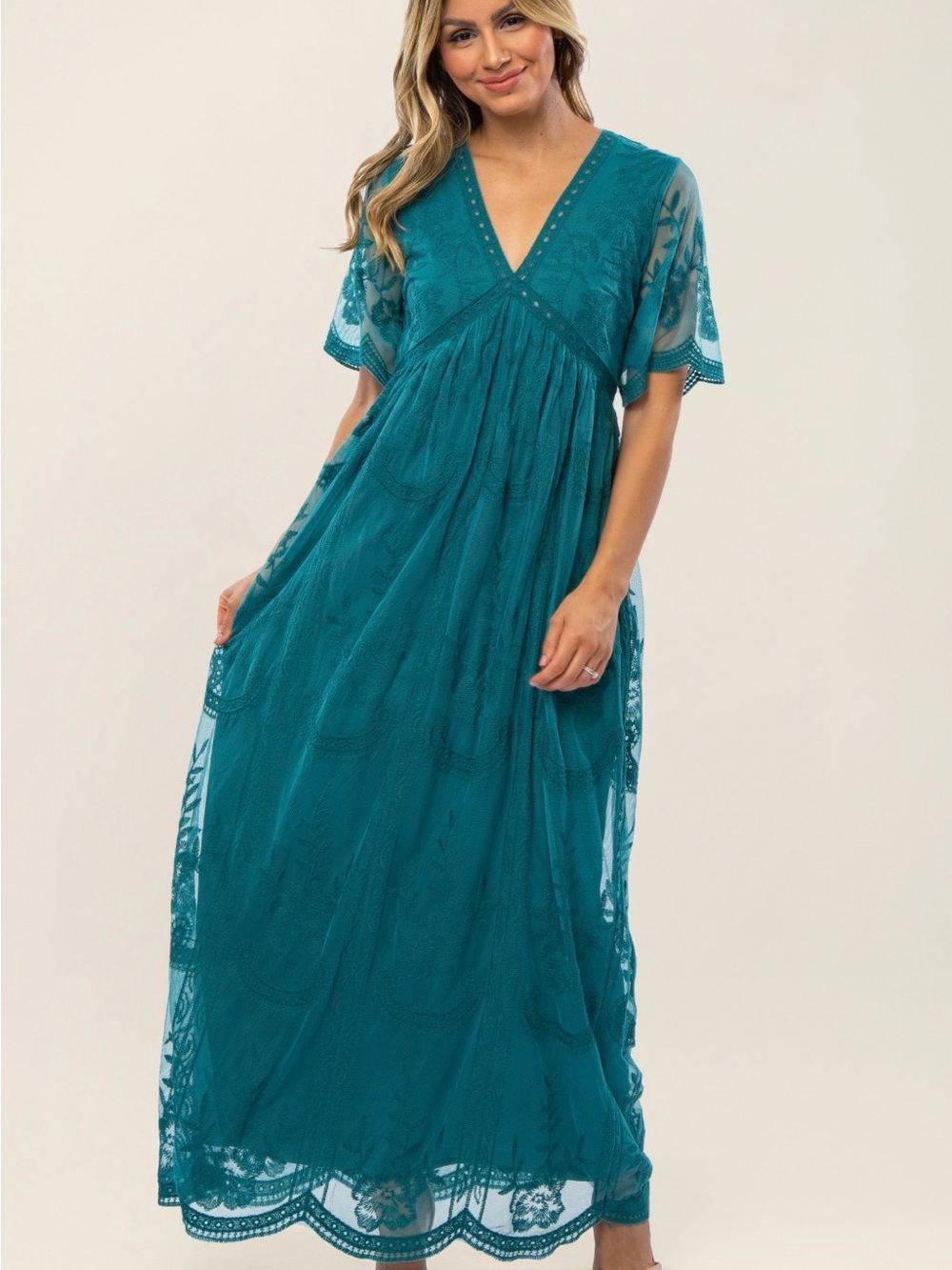 PinkBlush Teal Lace Maxi Dress 2XL Maternity Empire Waist Photoshoot - Picture 11 of 12